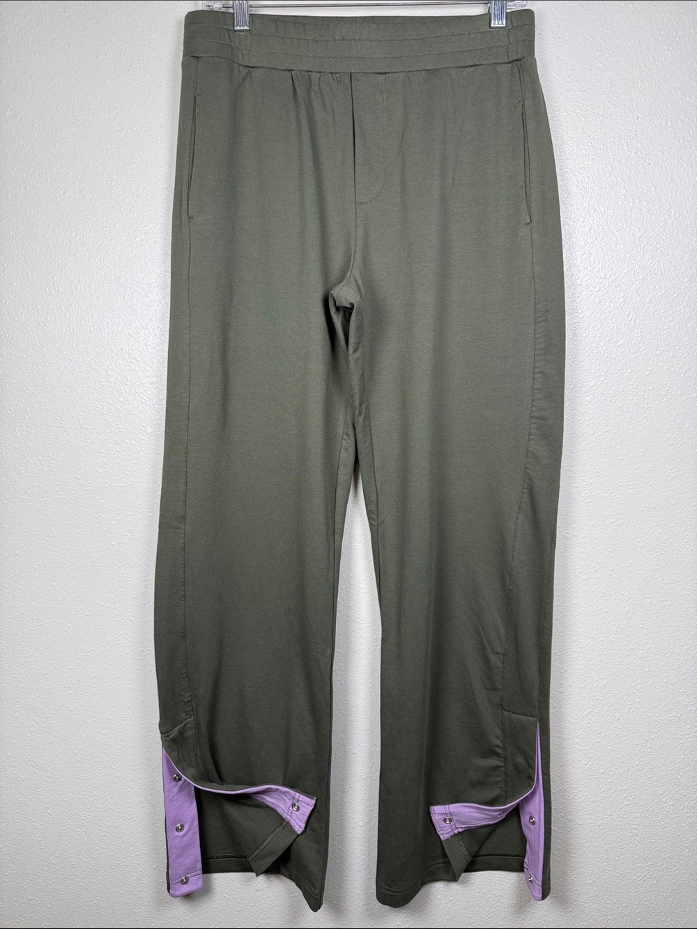 Pact Studio Wide Leg Track Pant M Olive Organic Cotton Lilac Snap Hem Athleisure